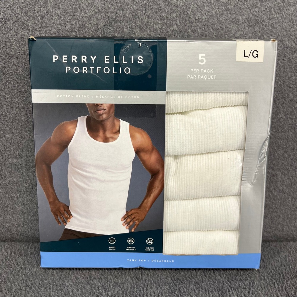 Perry Ellis Portfolio Tank Top Mens Large White 5 Pack Ribbed Cotton Undershirt